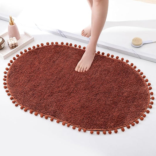 YIRDDEO Oval Rug for Bathroom, Boho Bath Mat with Pom, Terracotta, 36"x24" | Soft Plush, Absorbent, Quick Dry, Machine Washable, Non Slip Bath Mat for Bathroom Shower Floor Home Decor