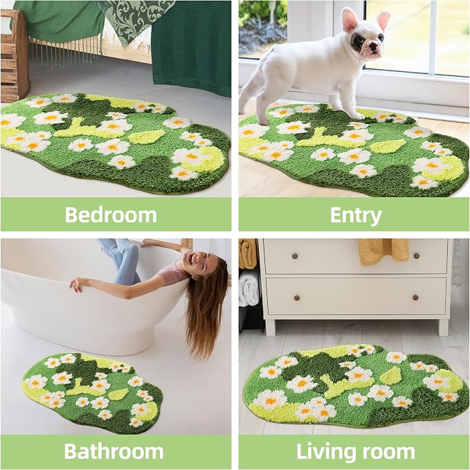 YIKUSH Moss Rug, Cute Green Plant Bath Mat with White Flowers, 32x20 Inch | Bathroom Decor Aesthetic, Soft Absorbent, Quick Dry, Machine Washable, Non Slip Bath Mat for Bedroom Shower Floor Home Decor