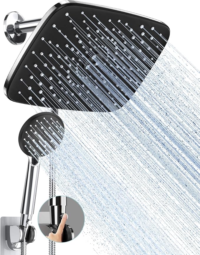 Veken 11.8“ Rain Shower Head with Handheld,Dual High Pressure Shower Heads | Easy Pause,5-mode Hand Held Spray with Hose,Wide Detachable Rainfall,Double Showerhead Combo,Bathroom Accessories,Chrome