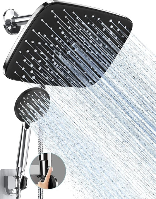 Veken 11.8“ Rain Shower Head with Handheld,Dual High Pressure Shower Heads | Easy Pause,5-mode Hand Held Spray with Hose,Wide Detachable Rainfall,Double Showerhead Combo,Bathroom Accessories,Chrome