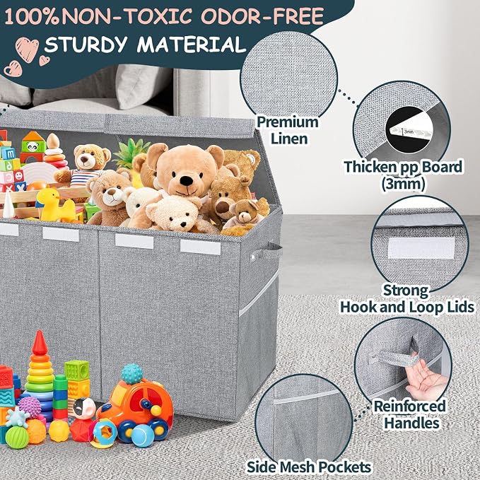 Extra Large Toy Box with Lids, Collapsible Storage Bin, 38"x16"x14",Gray | Sturdy Chest Basket with Dividers for Boys & Girls, Bedroom Nursery Playroom Organization