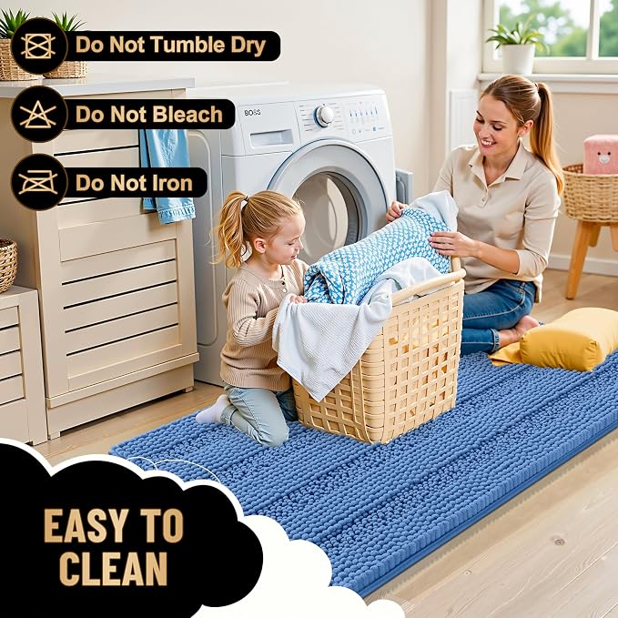OLANLY Thick Bathroom Rugs 30x20, Soft Chenille Bath Rugs, Cornflower Blue | Rubber Backing, Machine Wash, Extra Absorbent Striped Bath Mats for Bathroom Floor, Tub and Shower, Home Decor Accessories