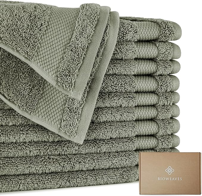 100% Organic Cotton 700 GSM Plush Premium Washcloths 13" x 13" GOTS Certified, Face Towels Perfect for Home & Bathroom - Sage, Pack of 12