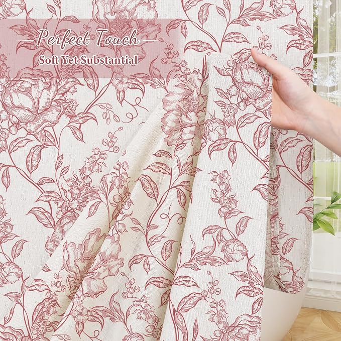 Pink Boho Linen Shower Curtain, Farmhouse Floral for Bathroom | Botanical floral print. Rustic farmhouse boho decor. Durable linen blend fabric. Machine washable for easy care. 72x84