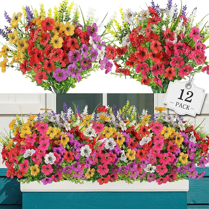 AGIRL Artificial Flowers Outdoor UV Resistant Fake Plant Garden Patio Decor | 12 Bundles,No Fade Plastic Faux Flowers for Hanging Planters front porch yard Indoor Outside,grave decorations for cemetery
