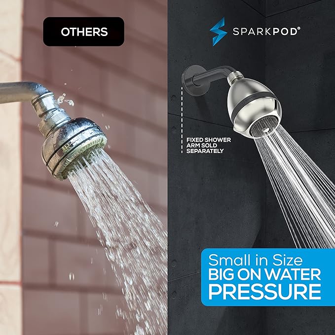 SparkPod High Pressure Shower Head, 3 Inch Fixed Showerhead, Brushed Nickel | Rain, Pulsating & Combo Modes, Helps Boosts Low Water Pressure, Anti-Clog Nozzles, Easy Install