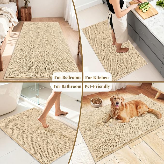 Bathroom Rugs Mat 72 x 36, Thick Soft Absorbent Chenille Bath Rugs, Rubber Backing Bath Mats for Bathroom Floor, Tub, Shower, Bedroom, Home Decor Accessories, Quick Dry Machine Washable, Beige