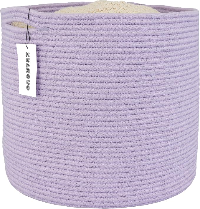 XUANGUO Cotton Rope Basket For Girls Boys Kids 16”X14” purple | Baby Laundry Baskets, Blanket Basket, Nursery Bin; Round Woven Basket Organizer for Toy Storage, Blankets, Shoes and Clothes
