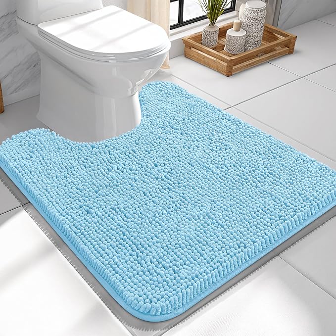 OLANLY Toilet Rugs U-Shaped 24x24, Soft Absorbent Chenille Contour Rugs | Sky Blue, Quick-Drying Rubber Backing, Machine Washable Non-Slip Shaggy Bathroom Mat for Toilet, Home Decor Accessories