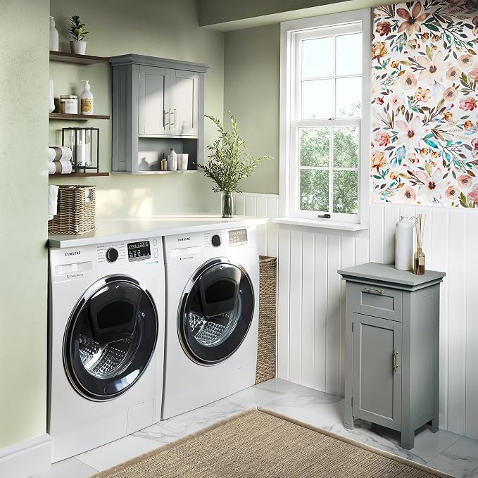 RiverRidge Somerset Two-Door Bathroom Storage, Gray Wall Cabinet, Grey, Set 1 | Open Display Shelf, Adjustable Interior Shelf, Two-Tone Handles, Space-Saving, Laundry Storage