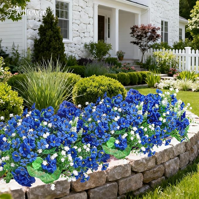 16 Bundles UV Resistant Silk Artificial Outdoor Flowers for Window Box | Mixed Color Realistic Anti-Fade Faux Flowers for Outside Planters,Garden,Porch,Patio,Yard,Home Decor(Blue)