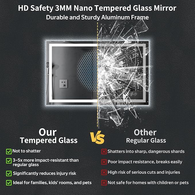 30"x48" LED Bathroom Mirror with Lights, Backlit+Frontlit, Anti-Fog | CRI 95, Stepless Dimmable, 3 Colors Lighting, Shatterproof Tempered Glass, HD Reflection, Memory, (Horizontal/Vertical)