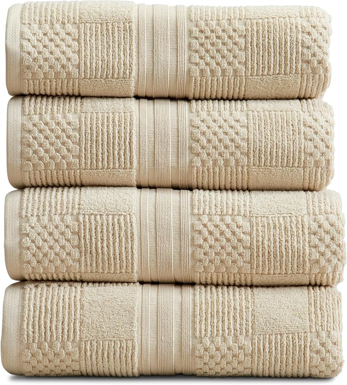 100% Cotton Bath Towel Set | 4-Pack | Textured | Beige | Luxury Geometric Design | Absorbent & Quick-Dry Bathroom Towels | Textured and Durable Cotton Towels for Bathroom | OEKO-TEX