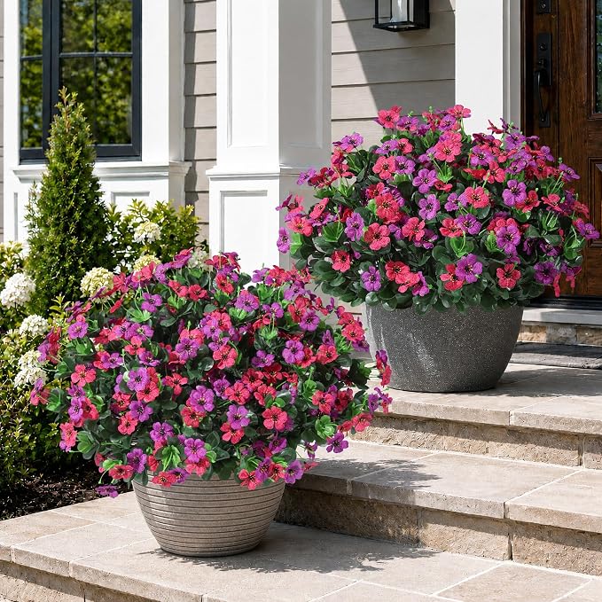 Artificial Flowers for Outdoor Indoor Garden Home Decoration, Faux Flower Daisy with Fabric Azalea Leaves Fake Plants Greenery Porch Patio, 4 Bundles (Purple Pink)