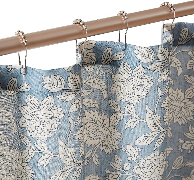 Lush Decor Zara Floral Block Linen Textured Shower Curtain Single 72" W x 72" L Blue - Floral Bath Curtain - Vintage Decor