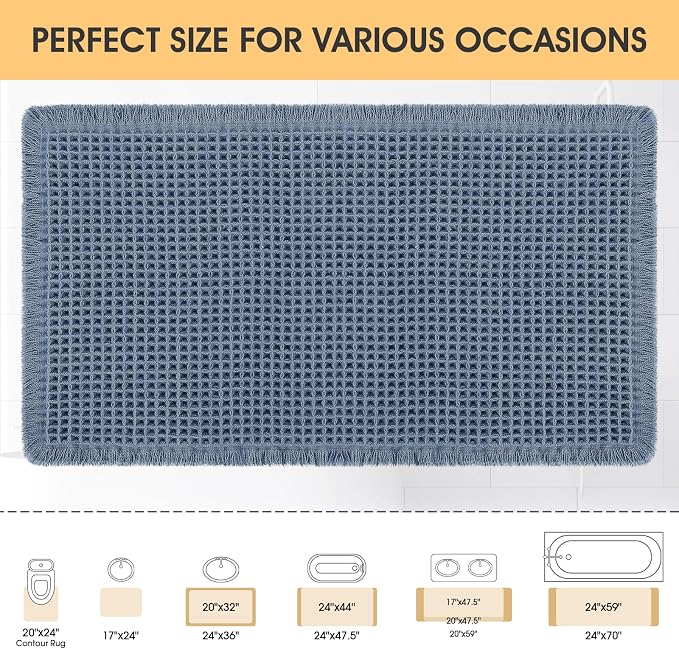 Waffle Bath Mat Blue 36"x24", Boho Woven Modern Bath Mat Rugs, Absorbent Non Slip Bathroom Rugs, Soft Washable Bath Rugs with Tassels for Bedroom, Kitchen, Shower, Tub