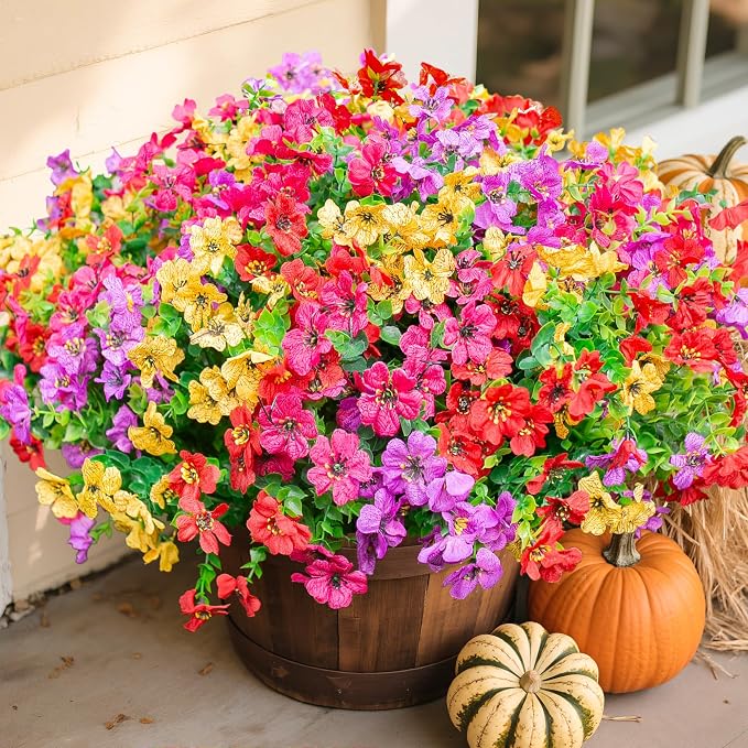 florisso Artificial Flowers for Outdoors Daisy 12 Bundles for Home Decor | Faux Flower Fake Plants Outside Decoration with Eucalyptus UV Resistant for Planter Porch Patio Yard Garden Colorful