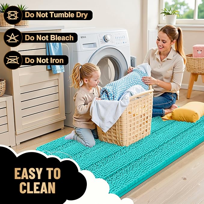 OLANLY Thick Small Bathroom Rugs 24x16, Soft Chenille Bath Rugs, Teal | Rubber Backing, Machine Wash, Extra Absorbent Striped Bath Mats for Bathroom Floor, Tub and Shower, Home Decor Accessories