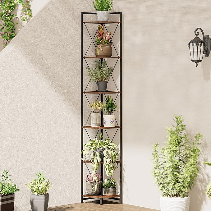 6 Tier Corner Shelf Stand, 78" H Tall Corner Bookshelf, Rustic Brown | Industrial Metal Corner Shelf for Living Room Decor, Plant Stand Display Shelf for Bedroom, Bathroom, Small Spaces
