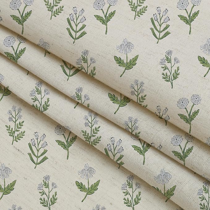 MUGINYU Linen Textured Ruffle Shower Curtain - Vintage Floral Block Print in Beige and Green, Boho Cottagecore Farmhouse French Country Bathroom Decor Set, 72x72 Inches