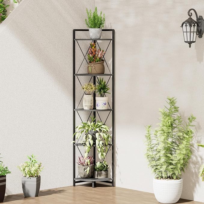 5 Tier Corner Shelf Stand, 64" H Tall Corner Bookshelf, Black | Industrial Metal Corner Shelf for Living Room Decor, Plant Stand Display Shelf for Bedroom, Bathroom, Small Spaces