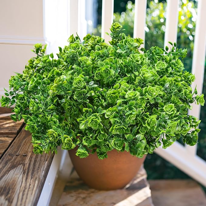 Artificial Plants for Outdoors Outside Spring Summer Decoration, 12 Bundles Faux Green Plastic Leaves Stems Bulk Fake Greenery Look Real UV Resistant for Home Porch Patio Planter Yard Wedding