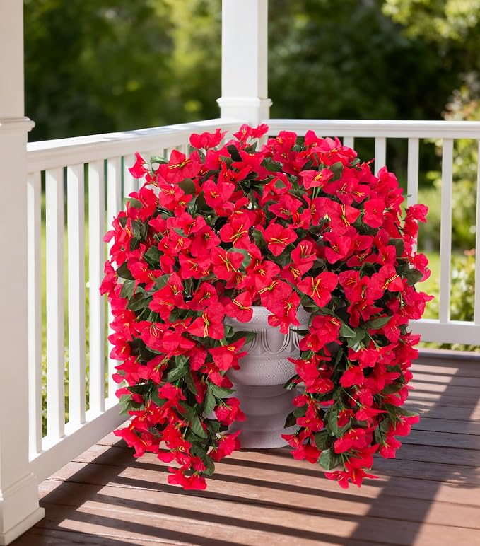 Faux Bougainvillea Artificial Flowers Plants for Outdoor Outside Decoration, 2 PCS Red Fake Flowers UV Resistant Look Real Silk Long Trailing Vines for Front Door Porch Planter Urn Patio Garden Yard