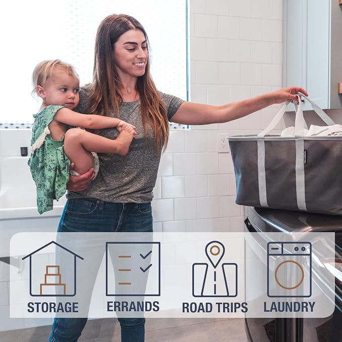 CleverMade Collapsible Laundry Tote, 50L Carry-All Tote, 2 Pack, Denim | Carry a Full Load with One Hand | Long Center Handles Balance 55 lb, While the Steel Rim Holds Shape and Folds Flat