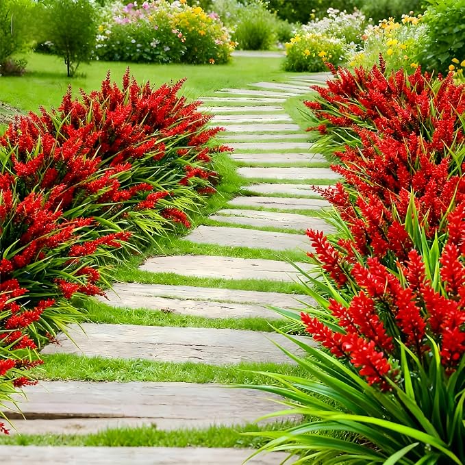 Geegoods 24 Bundles Red Artificial Plants Flowers Outdoor, UV Resistant | Faux Plants with Monkey Grass, Realistic Plastic Flowers for Garden Porch Window Box Patio Hanging Planter Decor