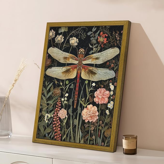 Framed Hand Drawn Sandstone Dragonfly Wall Art, Vintage 3D Textured Nature Botanical Wall Decor Pictures, Pink Flowers Print Painting for Living Room Kitchen Home Decor 16x24inch