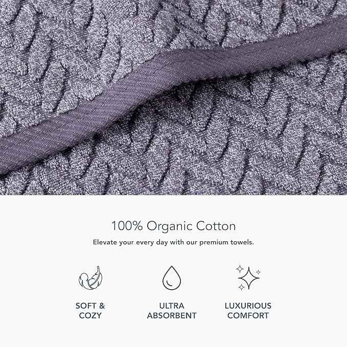 Texere 100% Organic Cotton Jacquard 650 GSM Premium Bath Towel Sets - Extra Absorbent Quick Dry Towel Wrap (Cable, Granite, 4 Bath Towels)