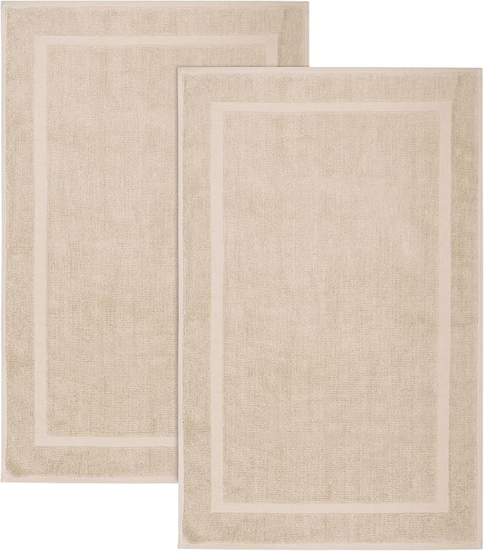 COTTON CRAFT Bath Mats - 2 Pack Step Out Tub Shower Floor Mat -21x30- Linen | Ultra Absorbent Plush 900 GSM Pure Cotton Banded Border Luxury Towel Rug - Not a Bathroom Rug