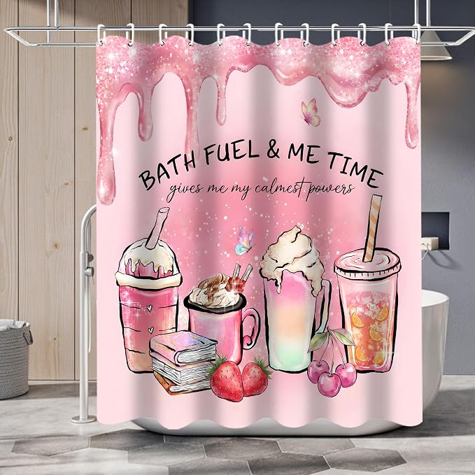 LQCOOL Pink Shower Curtain Set with Rugs,Waterproof Bathroom Sets Pink Shower Curtain with 12 Hooks for Bathroom Decor,Toilet Lid Cover & U-Shaped Mat | Sweet and Pink,Waterproof Polyester & Soft Flannel.12 Hooks, Toilet Lid Cover & U-Shaped Mat for Mo...
