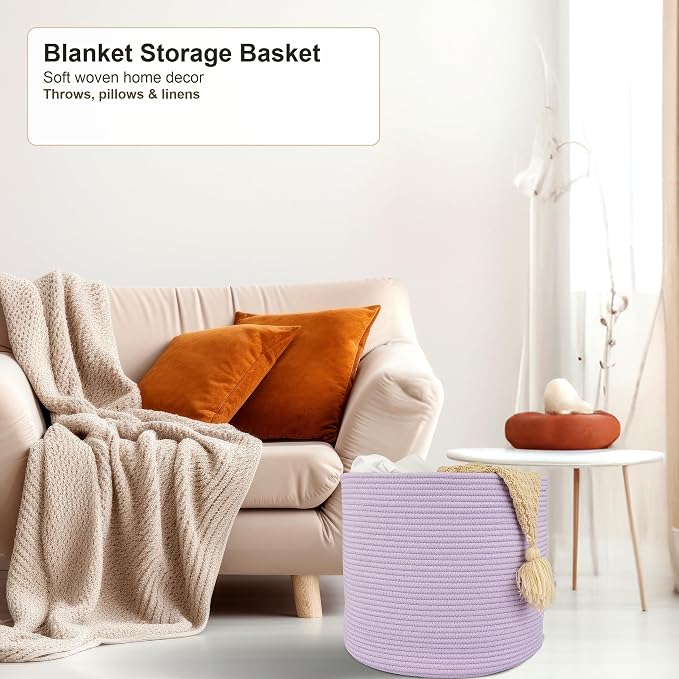 XUANGUO Cotton Rope Basket For Girls Boys Kids 16”X14” purple | Baby Laundry Baskets, Blanket Basket, Nursery Bin; Round Woven Basket Organizer for Toy Storage, Blankets, Shoes and Clothes