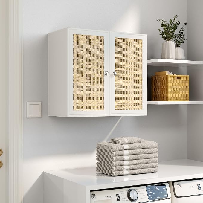 Wall Cabinet Storage-Rattan Laundry Cabinet,Kitchen Wall Mounted Cabinet with Adjustable Shelves for Laundry Room, Kitchen,Dining Room,Bathroom 24INCH X 1PCS