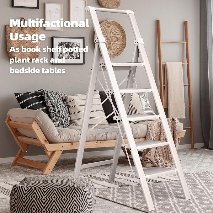 HillhutApex Aluminum 5 Step Ladder, Step Stool Foldable Ladder(White) | Stepladder with Handgrip,Anti-Slip Pedals,330lbs Capacity,Lightweight Folding Ladder for Home,Office,Libaray