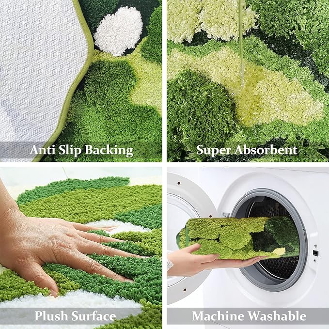 Hifuwan Cute Green Moss Bathroom Runner Rugs, Plant Leaf Bath Mats 20 x 43 | Boho Aesthetic, Long Rectangular Shaggy Non Slip, Machine Washable, Absorbent Bathmats for Bedroom, Shower Floor, Home Decor