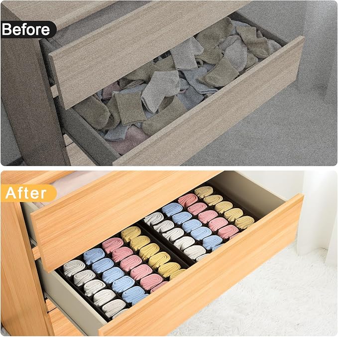 joyoldelf Sock Drawer Organizer Divider 2 Packs Underwear Organizer, 24 Cell Collapsible Closet Cabinet Organizer Underwear Storage Boxes for Storing Socks, Handkerchiefs, Ties, Belts (Black)
