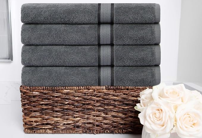 COTTON CRAFT Ultra Soft Bath Towels - 4 Pack 100% Cotton Large 30x54 inches | Oversized 580 GSM Absorbent Charcoal Bath Towel with Luxurious Rayon Border - Ideal for Everyday use - Easy Care Machine Wash