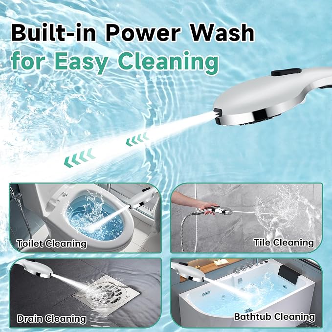 BRIGHT SHOWERS High Pressure Shower Head with Handheld, 9 Spray Settings Showerhead Built in Power Wash to Clean Tub and Pets, Extra Long 69" Hose, Adjustable Bracket, Chrome