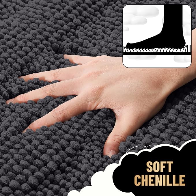 OLANLY Thick Bathroom Rugs 36x24, Chenille Striped Bath Rugs, Dark Grey | Rubber Backing, Machine Wash, Extra Soft Absorbent Bath Mats for Bathroom Floor, Tub and Shower, Home Decor Accessories