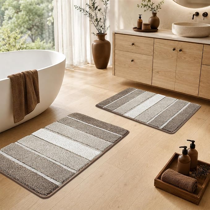 COSY HOMEER Bathroom Rugs 30x20,Ultra Soft Absorbent Bath Mat,Brown | Non-Slip TPR Backing Stays in Place, Machine Washable Bath Rugs Shaggy Rug for Bathroom Floor