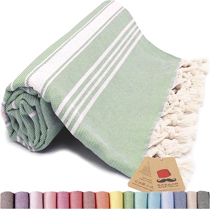 Turkish Beach Towel, 100% Cotton, 71x39 in, Stripe Green