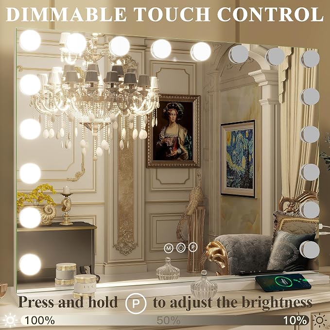 FENNIO Hollywood Vanity Mirror with Lights 32x24.5 Large Lighted Mirror Makeup Mirror with 18 Dimmable LED Bulbs and 10X Magnification 3Color Lighting USB Charging Port for Vanity Desk Tabletop