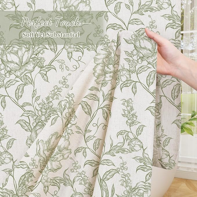 Sage Boho Linen Shower Curtain, Farmhouse Floral for Bathroom | Botanical floral print. Rustic farmhouse boho decor. Durable linen blend fabric. Machine washable for easy care. 36x72