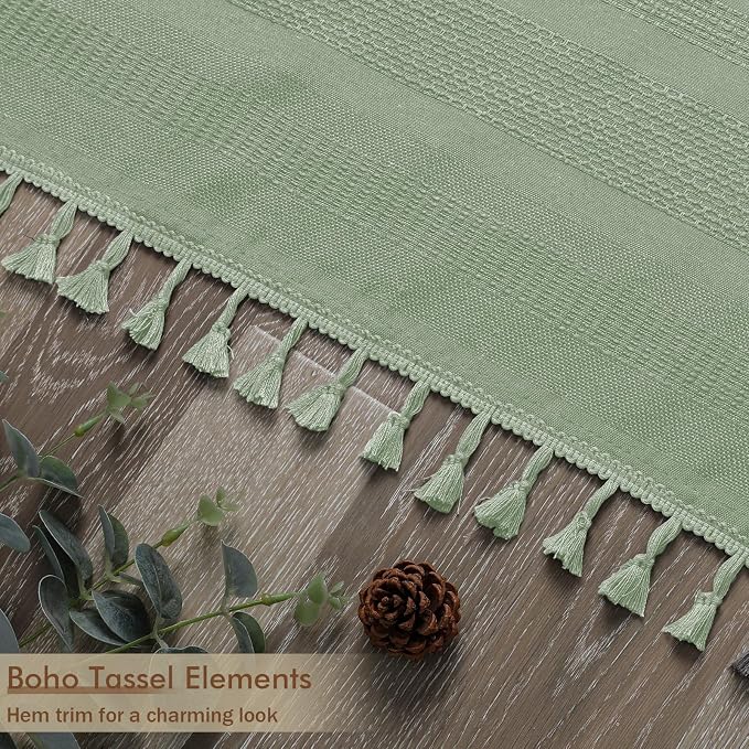 Extra Long Boho Shower Curtain 84 Inch Long, Modern Farmhouse Heavy Duty Linen Textured Soft Fabric, Rustic Country Cloth Shower Curtain with Tassel for Bathroom Hotel, 72Wx84L, Light Green