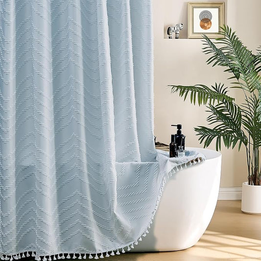 Siiluminisoy Boho Fog Blue Shower Curtain Woven Fabric Cute Shower Curtain, 72 x 72 Tufted Chevron Textured Striped Modern Farmhouse Minimalist for Bathroom