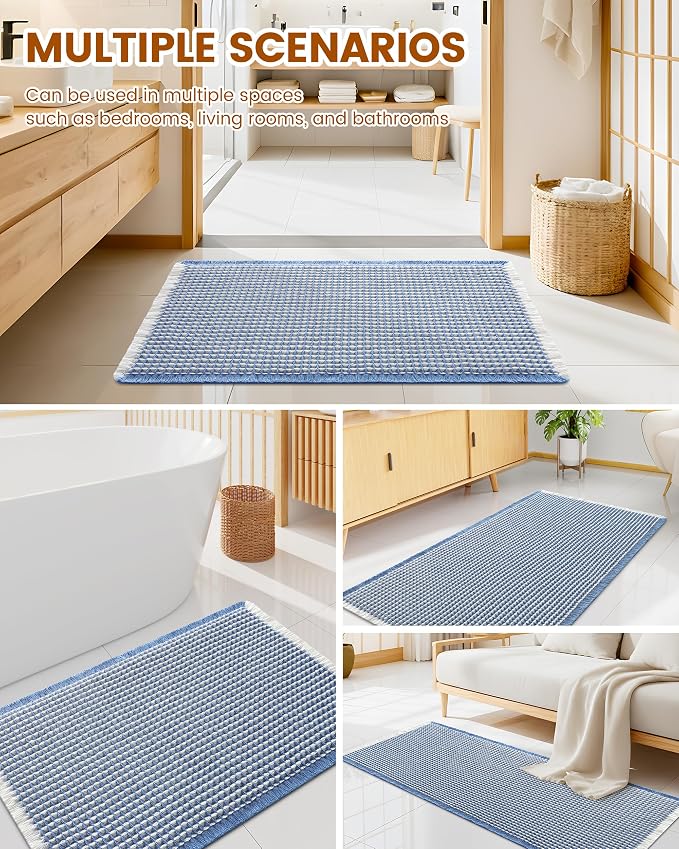 Smiry Waffle Bath Mat 30X20, Soft Absorbent Bathroom Rugs, Blue & Cream | Non Slip Machine Washable Quick Dry Bath Rugs for Bathroom Floor, Tub, Shower, Home Decor Accessories