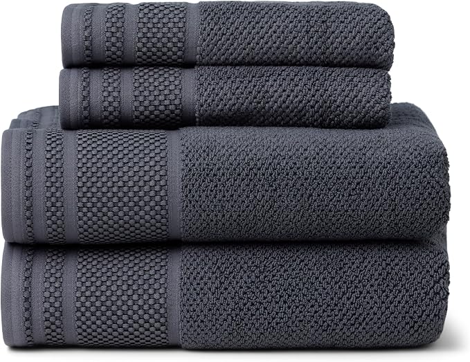Texere 100% Organic Cotton Rice Weave Jacquard 700 GSM Luxury Bath Towel Sets - Ultra Soft and Absorbent Hotel and Spa Quality (Rice Weave, Charcoal, 2 Bath & 2 Hand Towels)