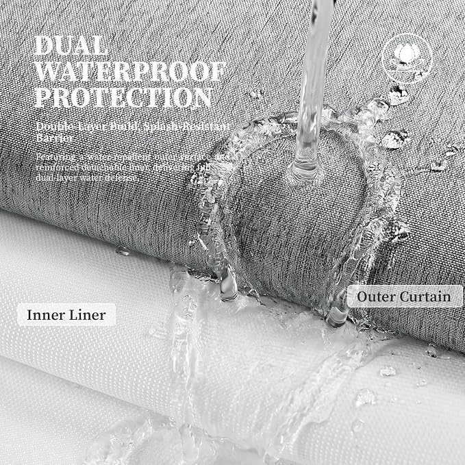 72x81 Ringless Linen Textured Shower Curtain with Snap in Liner, Grey | Tall Size, 3 in 1 Shower Curtain Set, Removable Liner, Waterproof & Washable, Mesh Top Window, Durable Fabric, Easy Setup